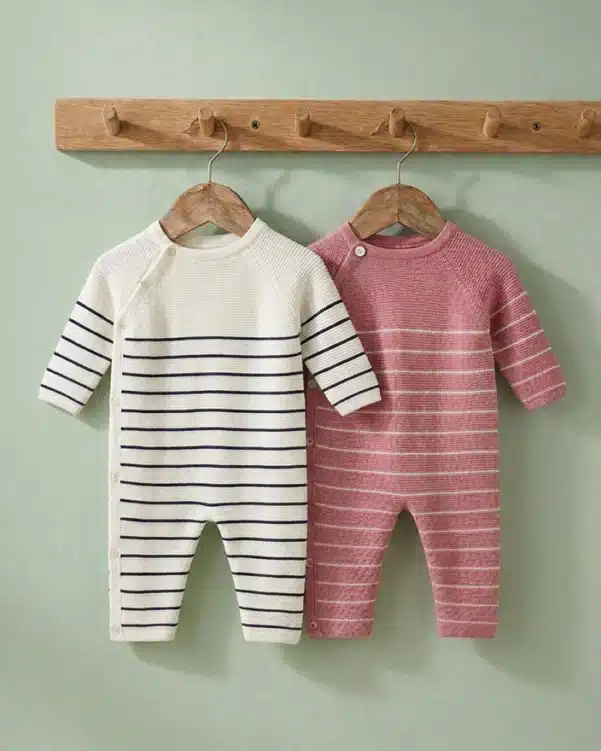 Two striped baby onesies hanging on wooden hangers against a light green wall; white with navy stripes and pink with white stripes.