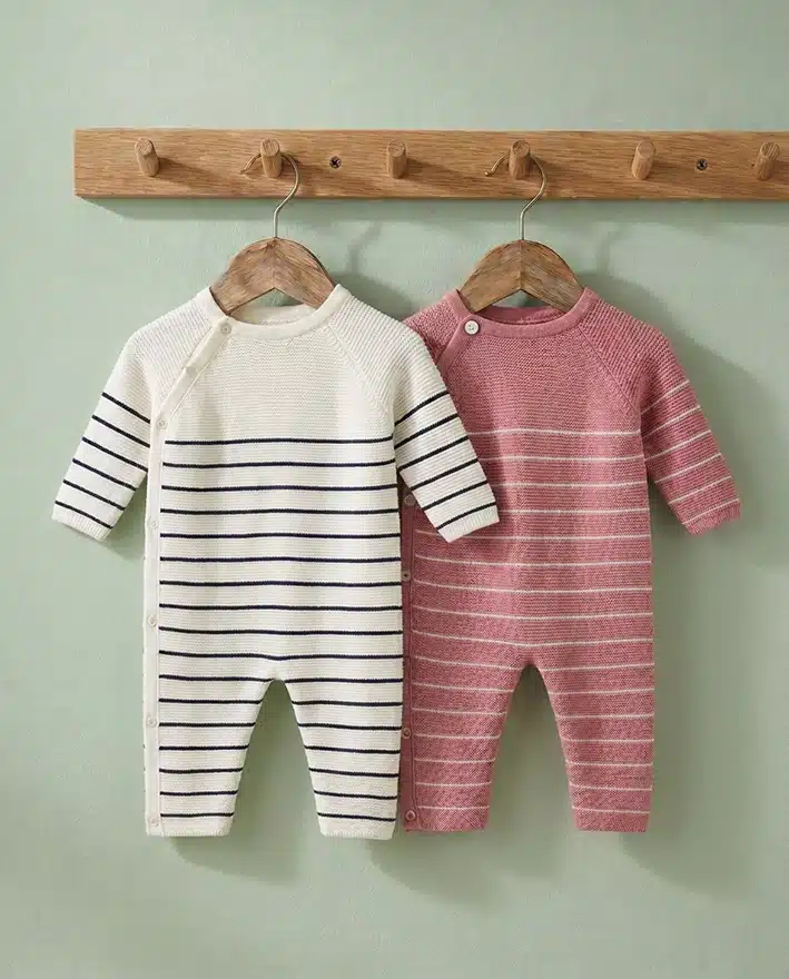 Two striped baby onesies hanging on wooden hangers against a light green wall; white with navy stripes and pink with white stripes.