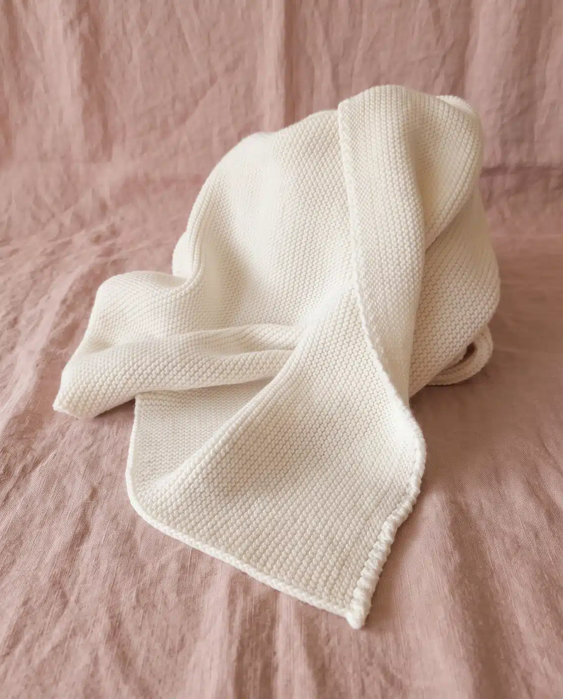 White textured towel draped over a pink fabric backdrop on a flat surface