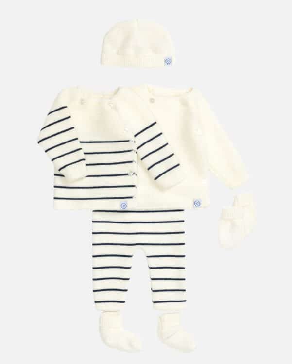 Cream knit baby outfit with a striped navy and cream cardigan, matching striped pants, hat, and mittens.