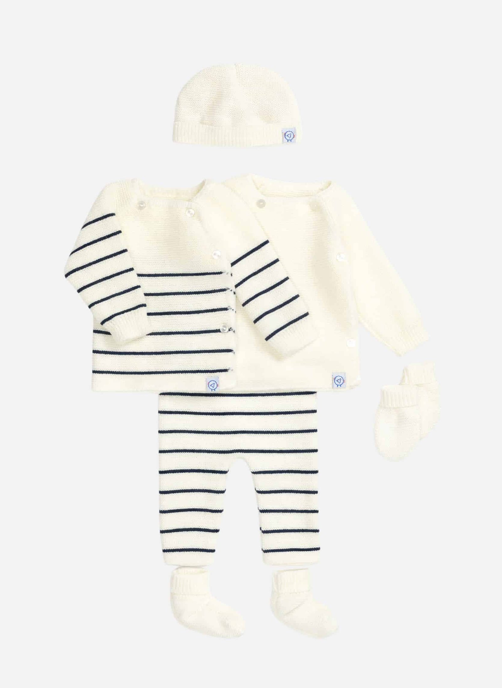 Cream knit baby outfit with a striped navy and cream cardigan, matching striped pants, hat, and mittens.