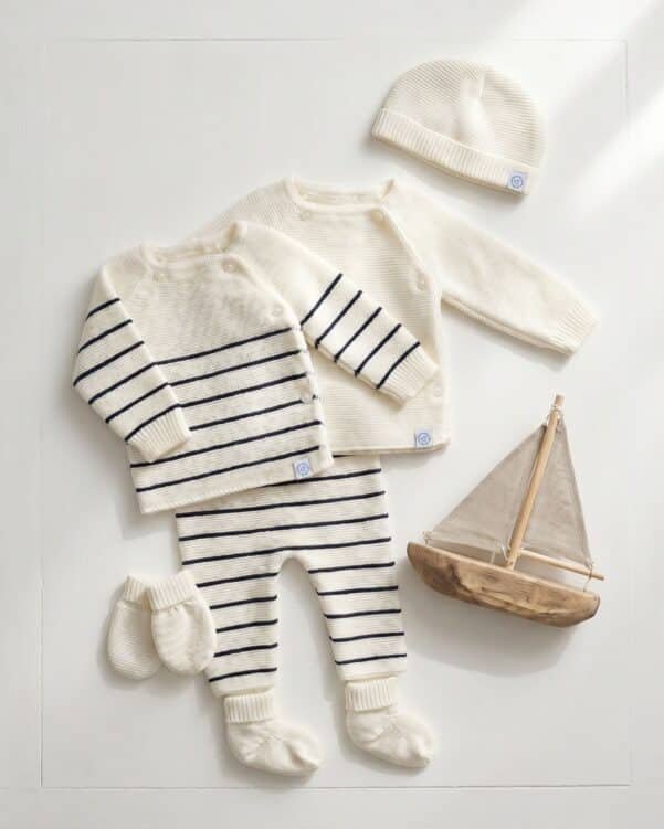 Layflat display of cream baby clothes: striped navy and cream sweater, romper, hat, mittens, and a wooden sailboat toy on a white background.