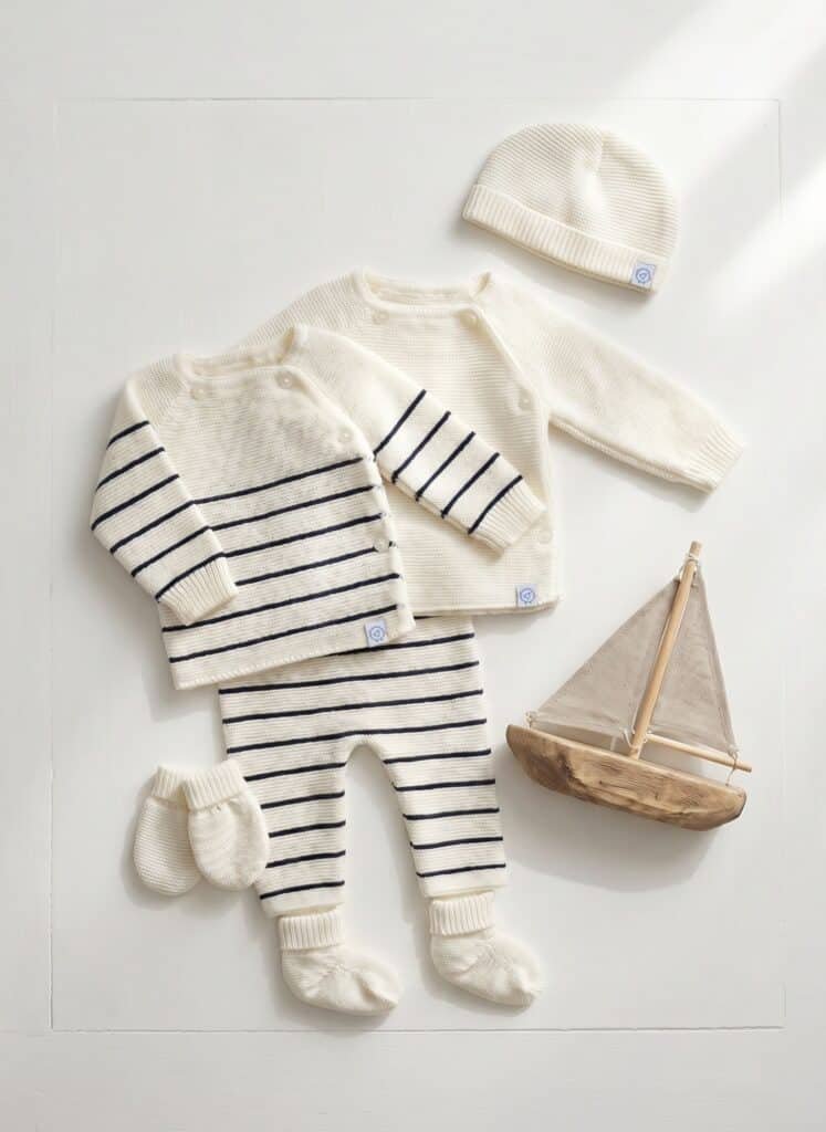 Layflat display of cream baby clothes: striped navy and cream sweater, romper, hat, mittens, and a wooden sailboat toy on a white background.