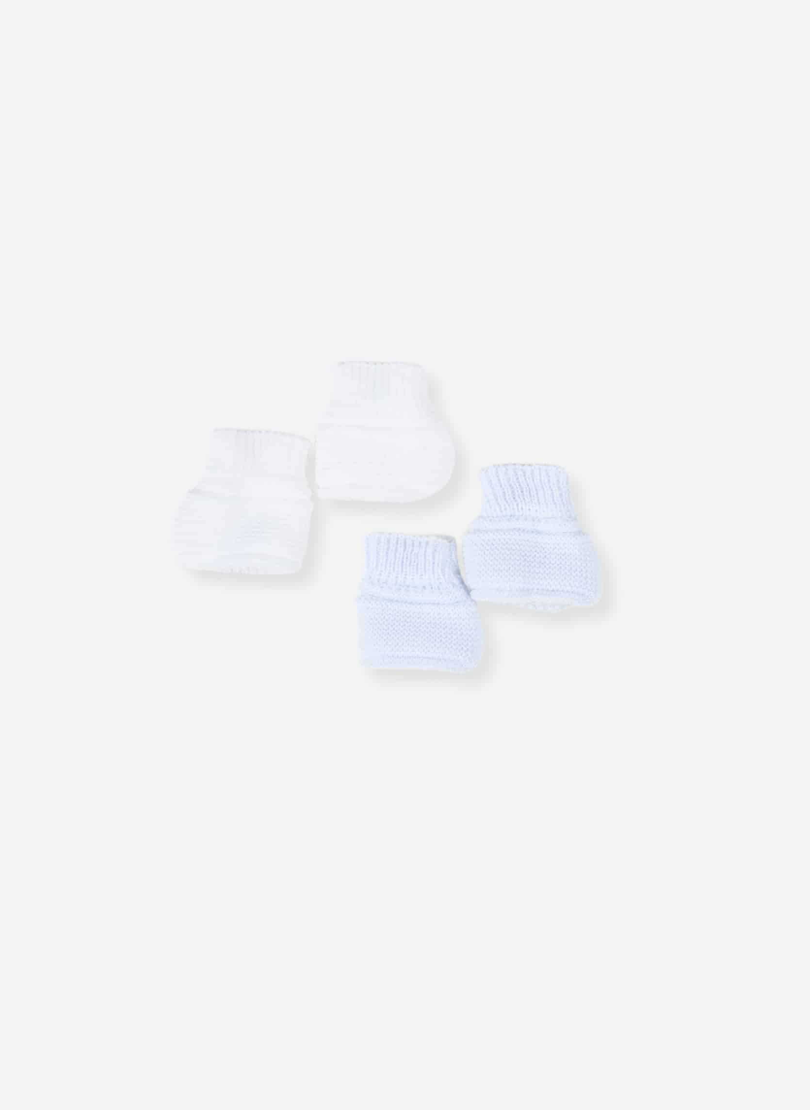 Lot de 2 paires de bottons bébé naissance blanc et bleu, tricotés en France