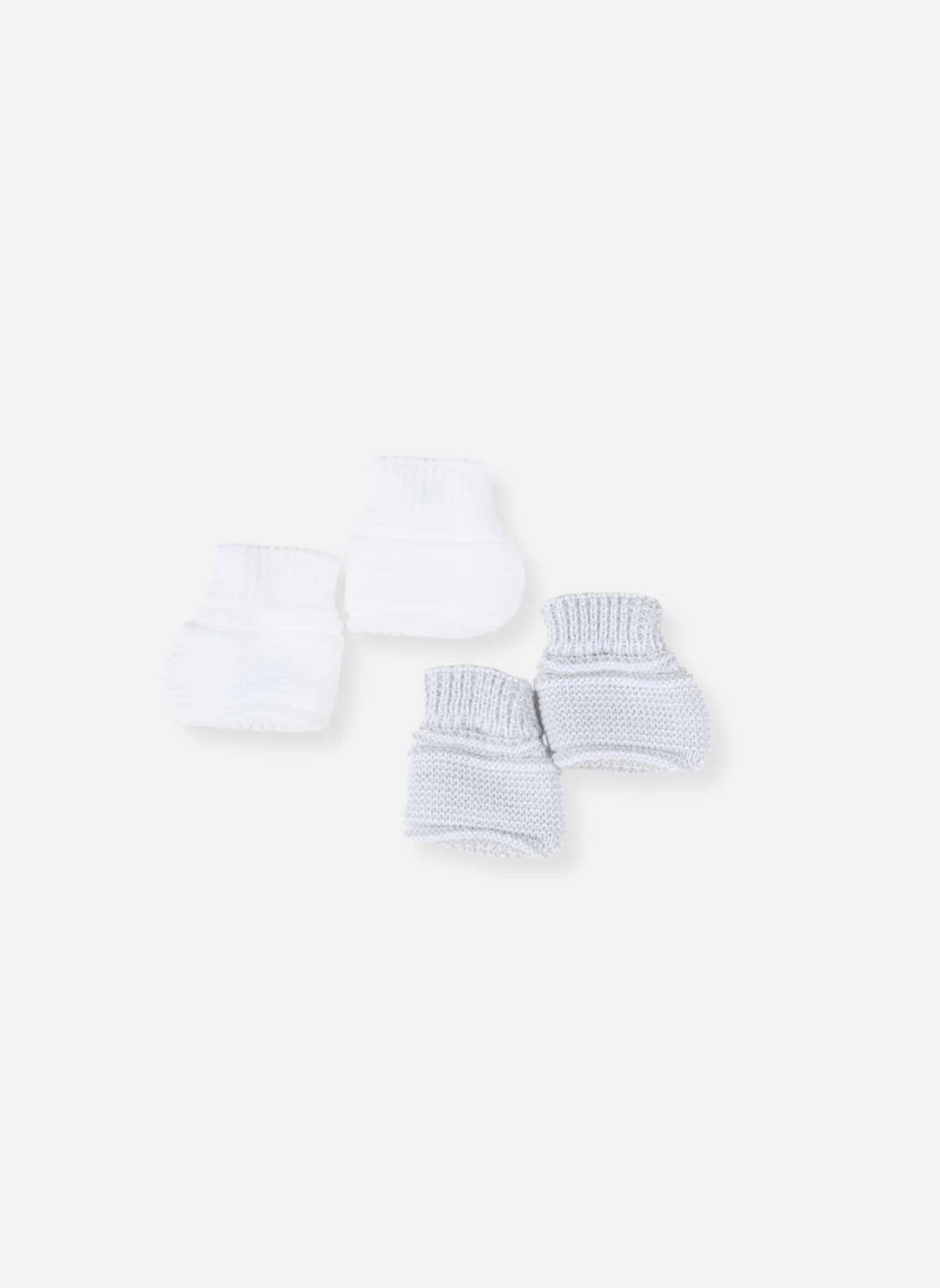 Lot de 2 paires de bottons bébé naissance blanc et gris, tricotés en France