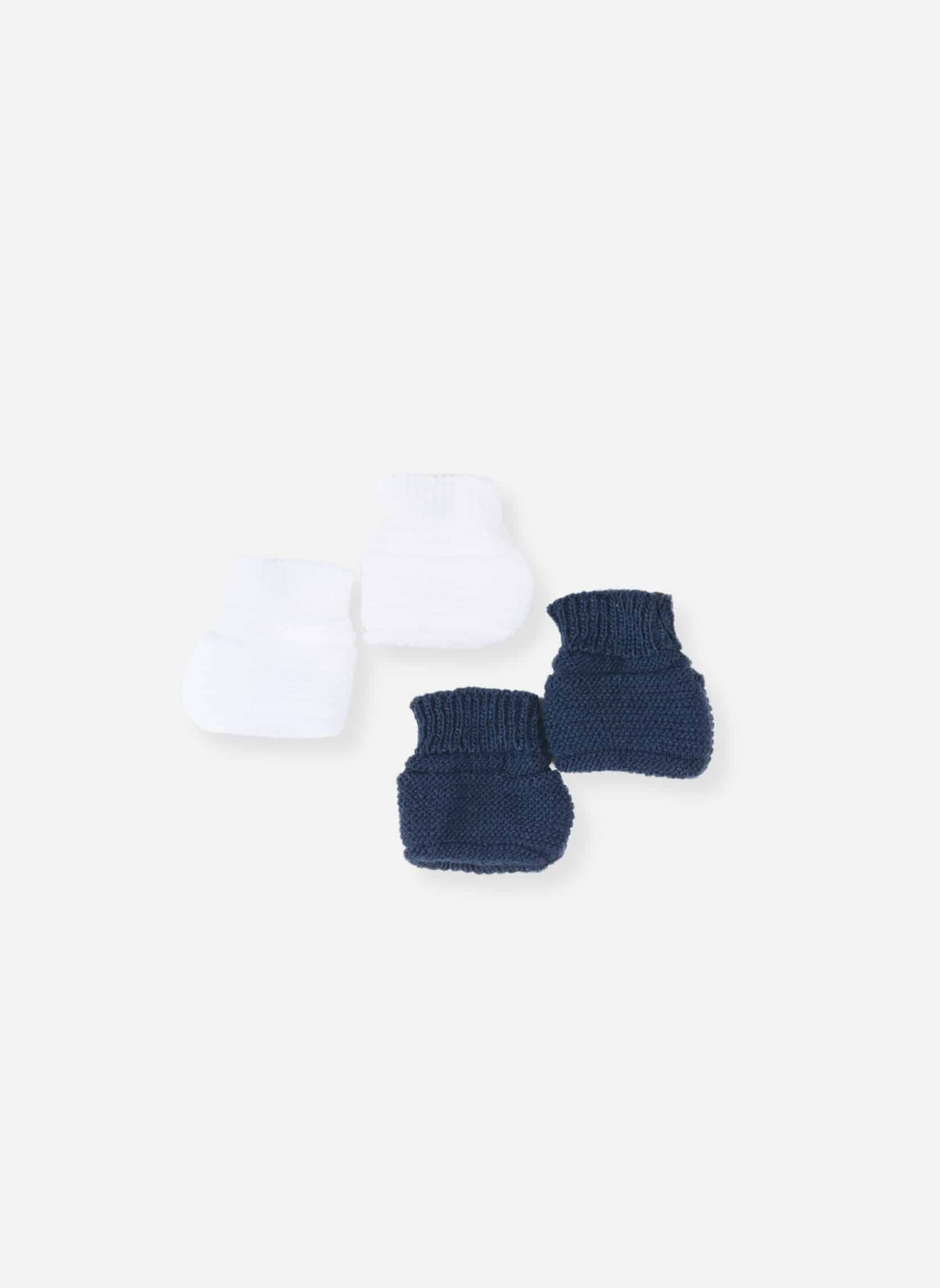 Lot de 2 paires de bottons bébé naissance blanc et marine, tricotés en France